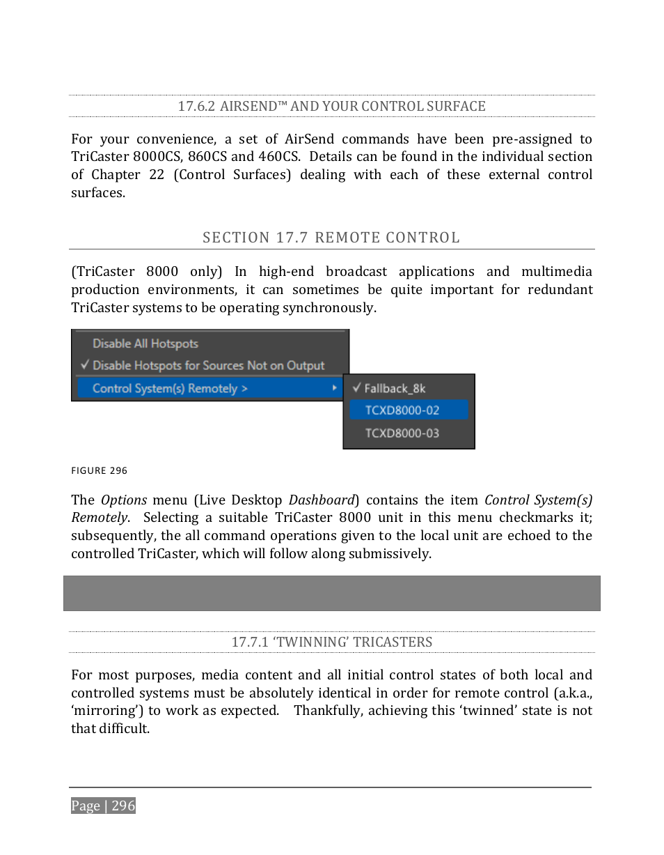 2 airsend™ and your control surface, Ection, Emote | Ontrol, 1 ‘twinning’ tricasters | NewTek TriCaster 8000 User Manual | Page 312 / 529