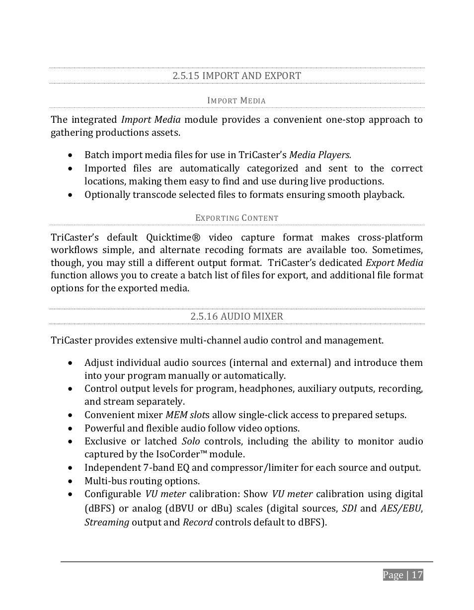 15 import and export, 16 audio mixer | NewTek TriCaster 8000 User Manual | Page 33 / 529