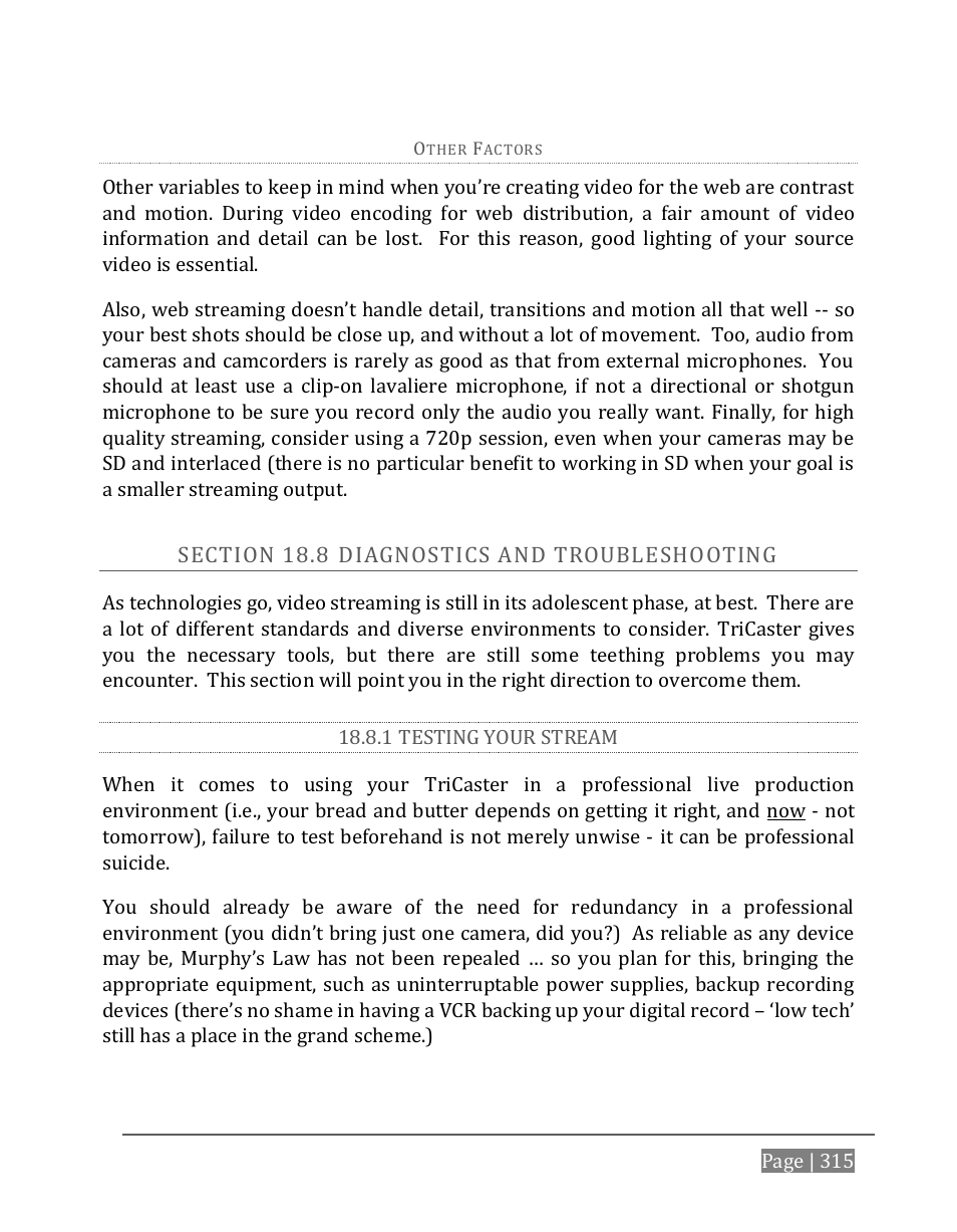 Ection, Iagnostics and, Roubleshooting | 1 testing your stream | NewTek TriCaster 8000 User Manual | Page 331 / 529