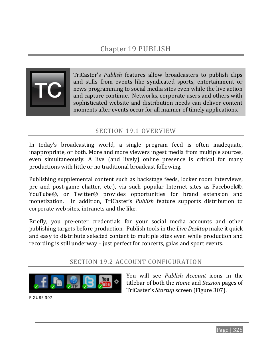 Publish, Chapter 19, Ection | Verview, Ccount, Onfiguration, Publish chapter 19 | NewTek TriCaster 8000 User Manual | Page 341 / 529