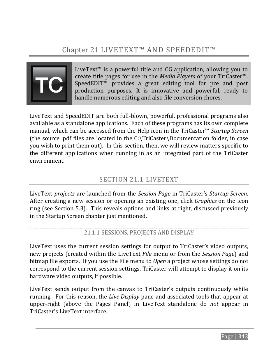 Livetext™ and speededit, Chapter 21, Ection | 1 sessions, projects and display, Livetext™ and speededit™ chapter 21 | NewTek TriCaster 8000 User Manual | Page 359 / 529