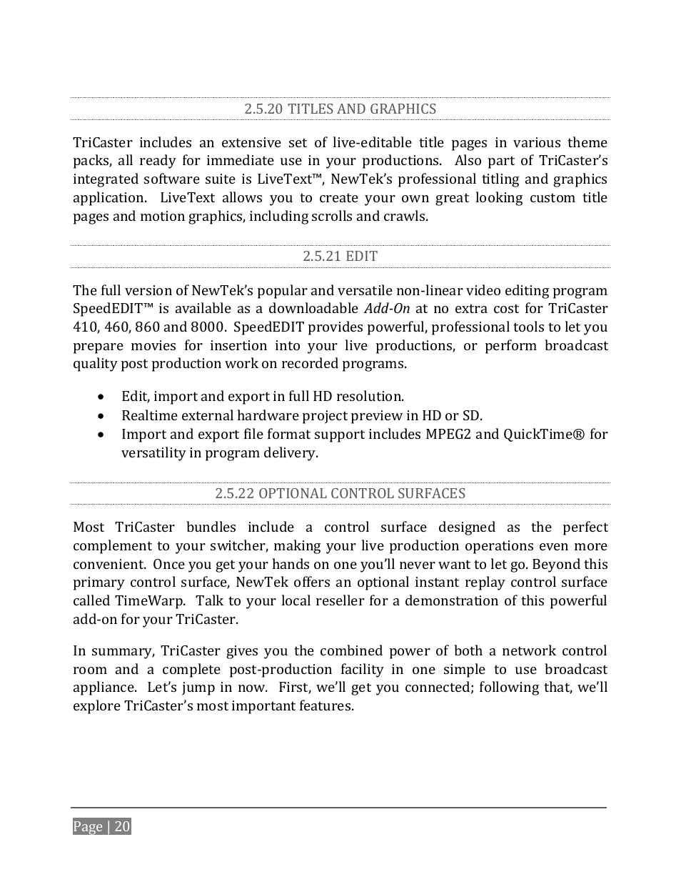 20 titles and graphics, 21 edit, 22 optional control surfaces | NewTek TriCaster 8000 User Manual | Page 36 / 529
