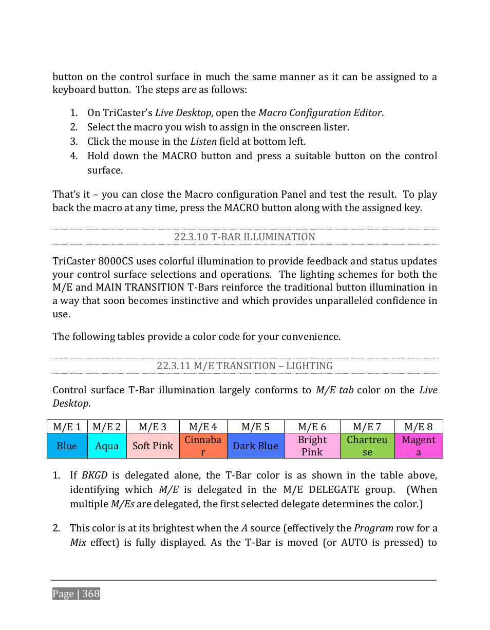 10 t-bar illumination, 11 m/e transition – lighting | NewTek TriCaster 8000 User Manual | Page 384 / 529