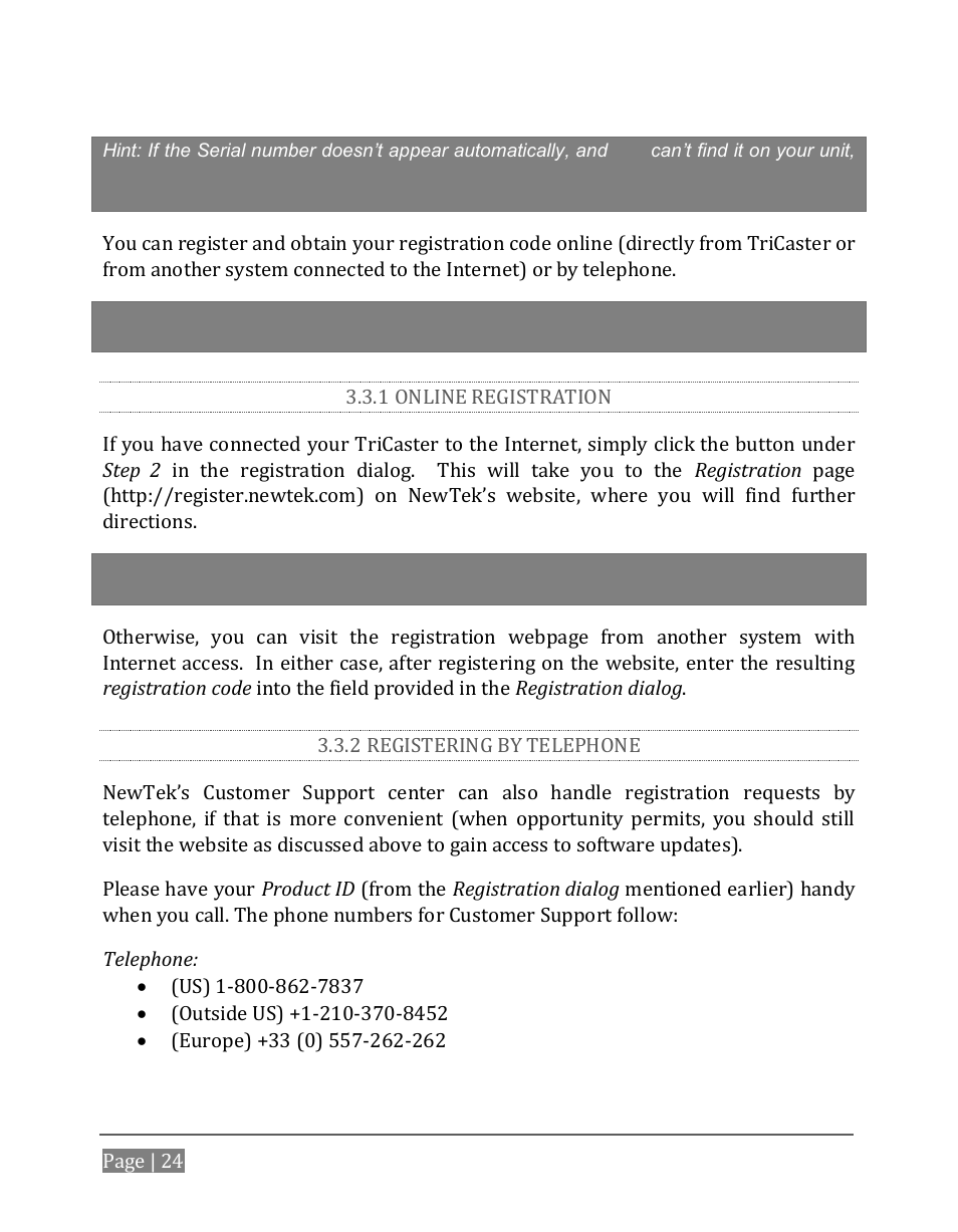 1 online registration, 2 registering by telephone | NewTek TriCaster 8000 User Manual | Page 40 / 529