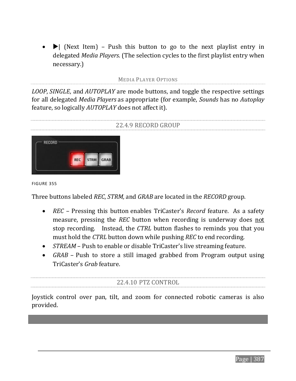 9 record group, 10 ptz control | NewTek TriCaster 8000 User Manual | Page 403 / 529