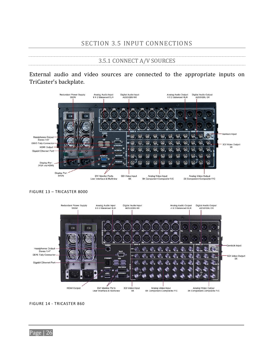 Ection, Nput, Onnections | 1 connect a/v sources | NewTek TriCaster 8000 User Manual | Page 42 / 529