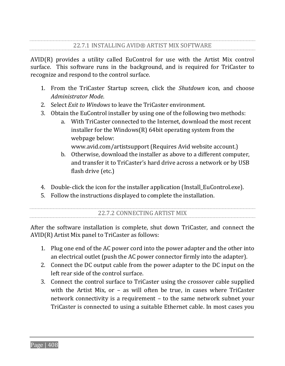 1 installing avid® artist mix software, 2 connecting artist mix | NewTek TriCaster 8000 User Manual | Page 424 / 529