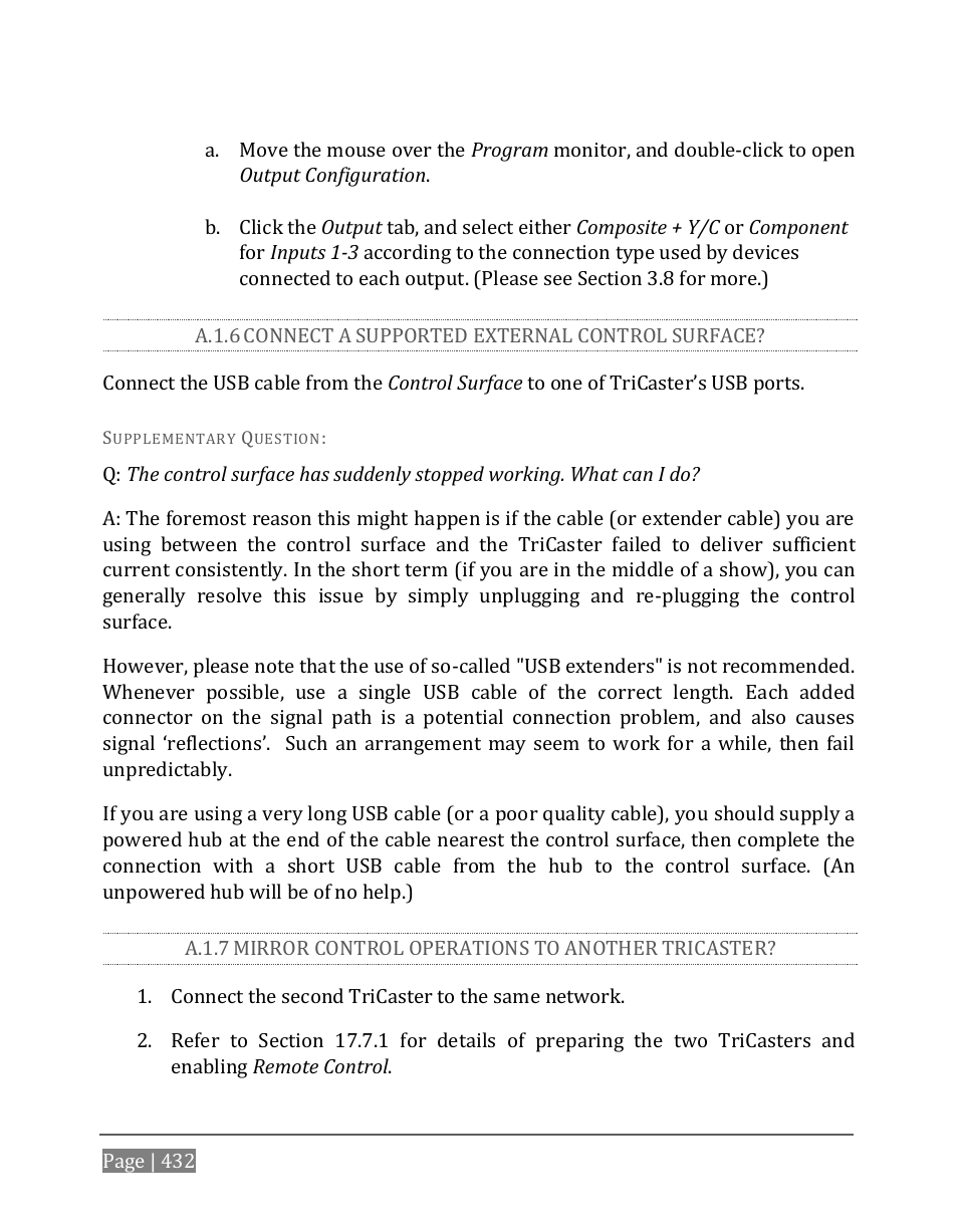 A.1.6, Connect a supported external control surface, A.1.7 | Mirror control operations to another tricaster | NewTek TriCaster 8000 User Manual | Page 448 / 529