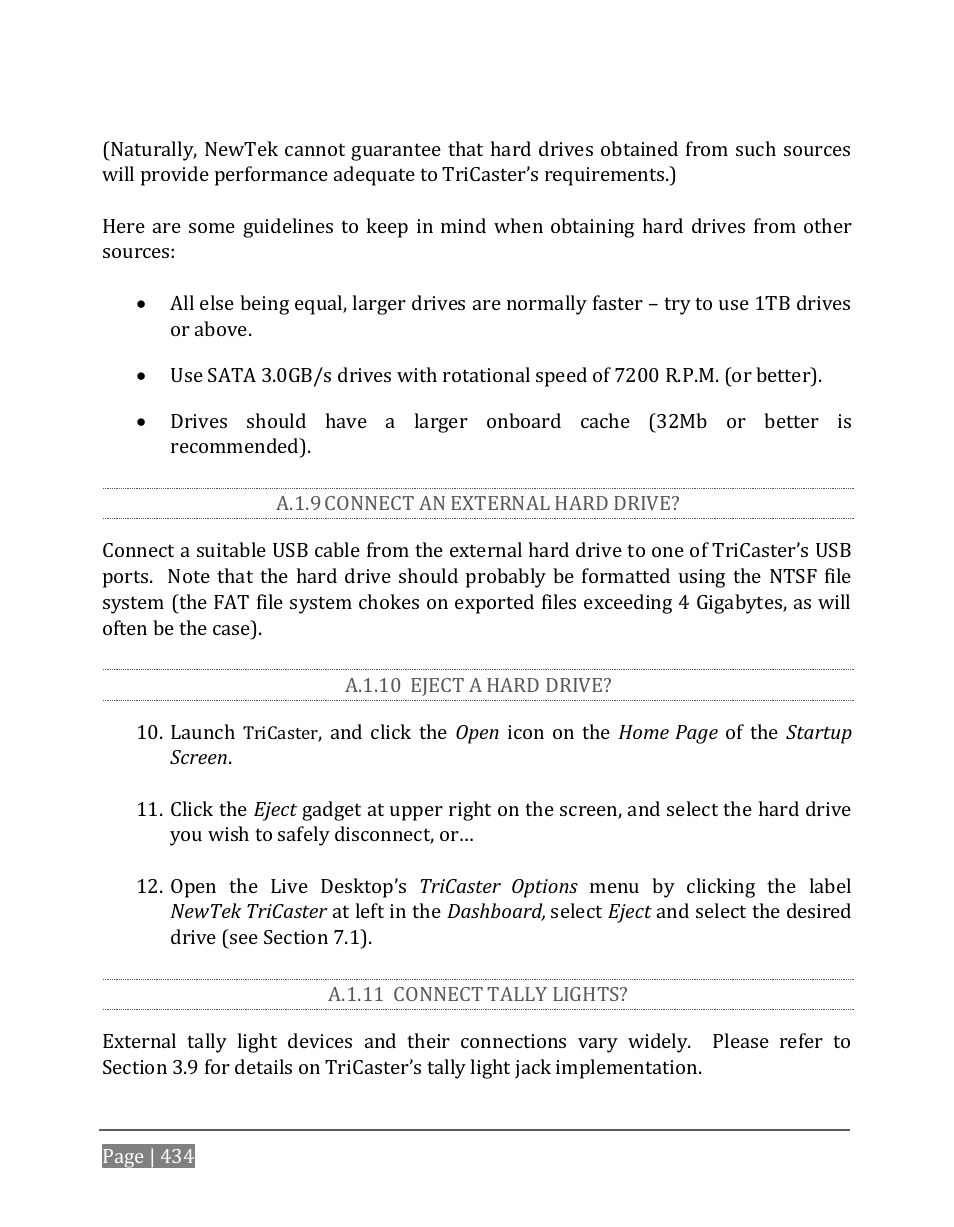 A.1.9, Connect an external hard drive, A.1.10 | Eject a hard drive, A.1.11, Connect tally lights | NewTek TriCaster 8000 User Manual | Page 450 / 529