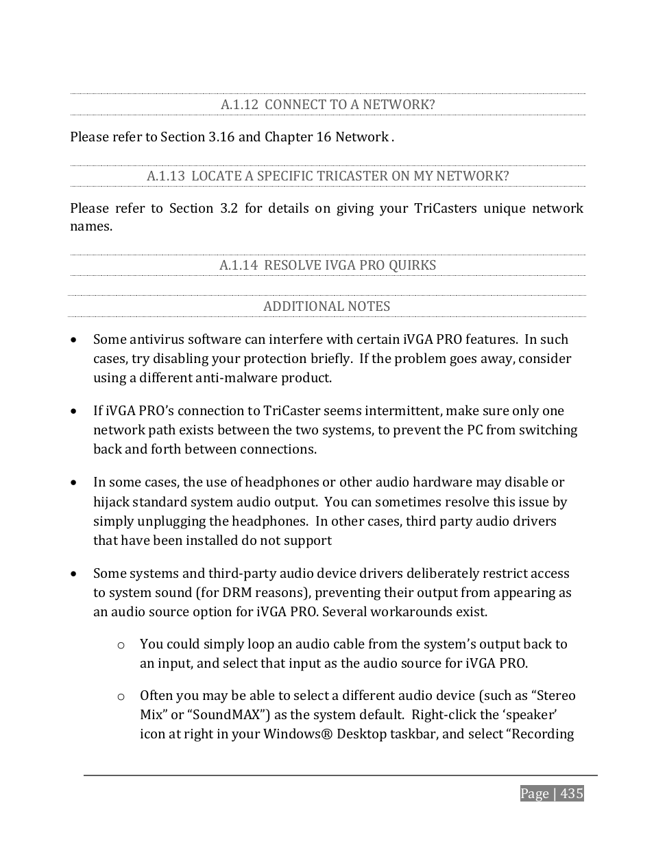 A.1.12, Connect to a network, A.1.13 | Locate a specific tricaster on my network, A.1.14, Resolve ivga pro quirks, Additional notes | NewTek TriCaster 8000 User Manual | Page 451 / 529