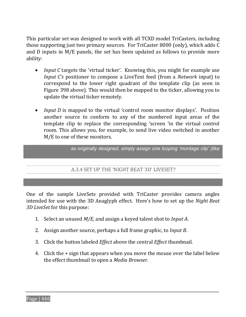 A.3.4, Set up the ‘night beat 3d’ liveset | NewTek TriCaster 8000 User Manual | Page 462 / 529