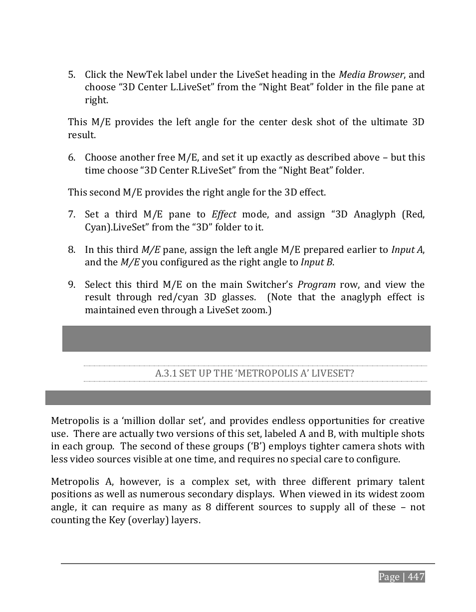 A.3.1, Set up the ‘metropolis a’ liveset | NewTek TriCaster 8000 User Manual | Page 463 / 529