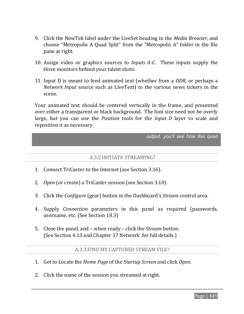 A.3.2, Initiate streaming, A.3.3 | Find my captured stream file | NewTek TriCaster 8000 User Manual | Page 465 / 529