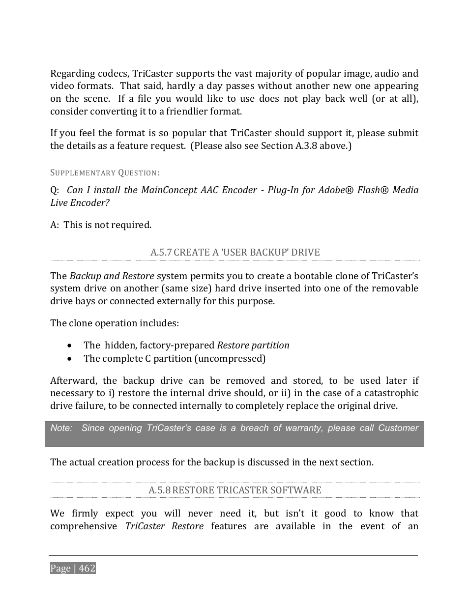 A.5.7, Create a ‘user backup’ drive, A.5.8 | Restore tricaster software | NewTek TriCaster 8000 User Manual | Page 478 / 529