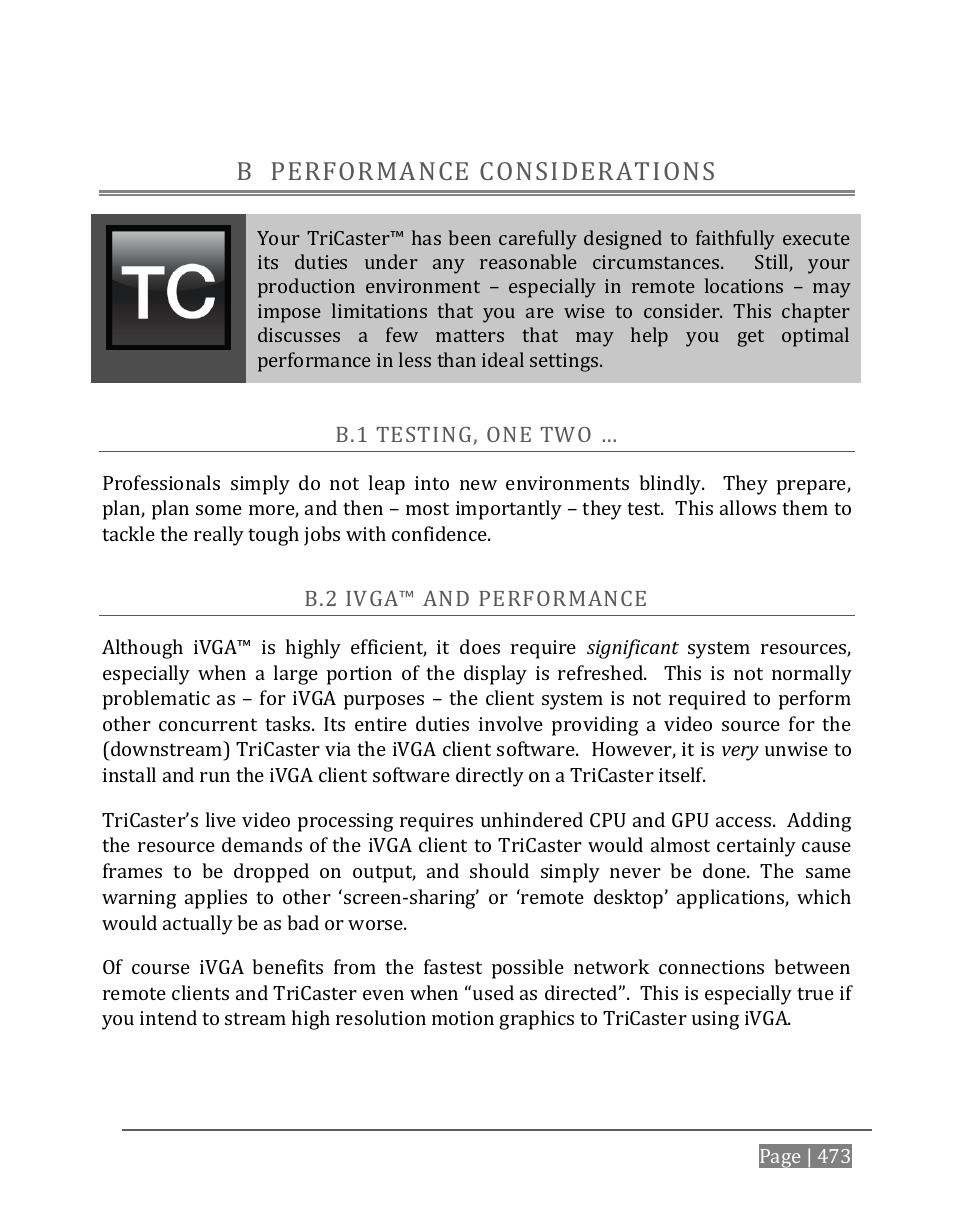 Performance considerations, Esting, Erformance | B performance considerations | NewTek TriCaster 8000 User Manual | Page 489 / 529