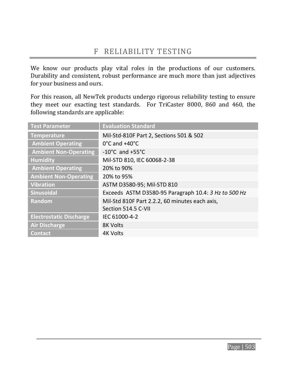 Reliability testing, F reliability testing | NewTek TriCaster 8000 User Manual | Page 519 / 529