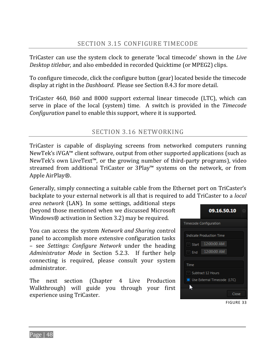 Ection, Onfigure, Imecode | Etworking | NewTek TriCaster 8000 User Manual | Page 64 / 529