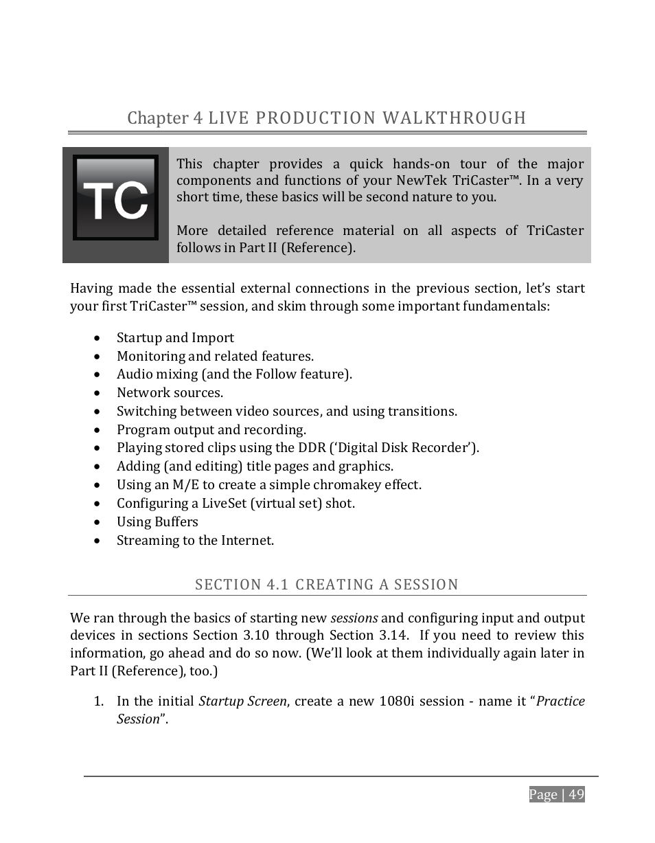 Live production walkthrough, Chapter 4, Ection | Reating a, Ession, Chapter 4 live production, Walkthrough), Live production walkthrough chapter 4 | NewTek TriCaster 8000 User Manual | Page 65 / 529