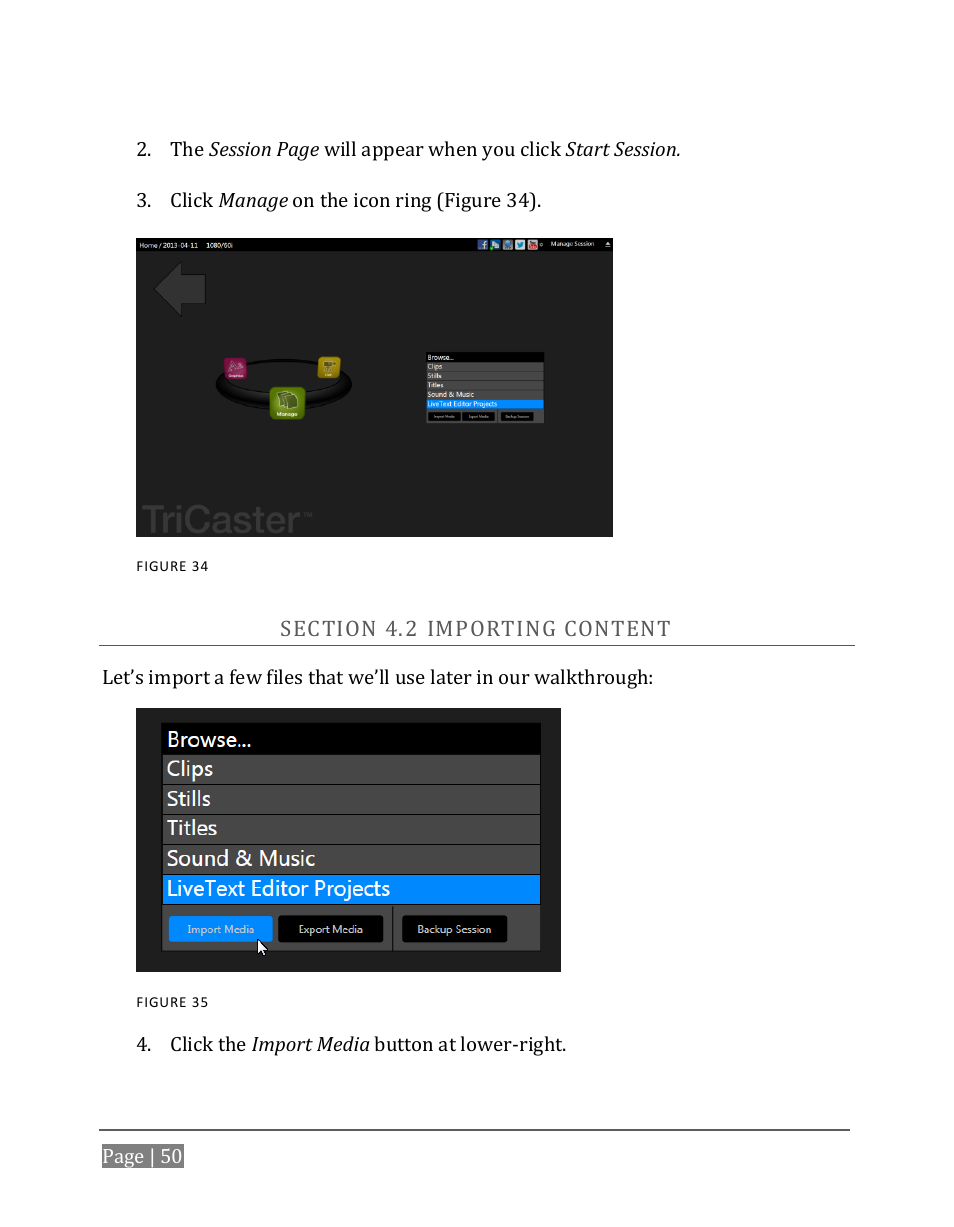 Ection, Mporting, Ontent | NewTek TriCaster 8000 User Manual | Page 66 / 529