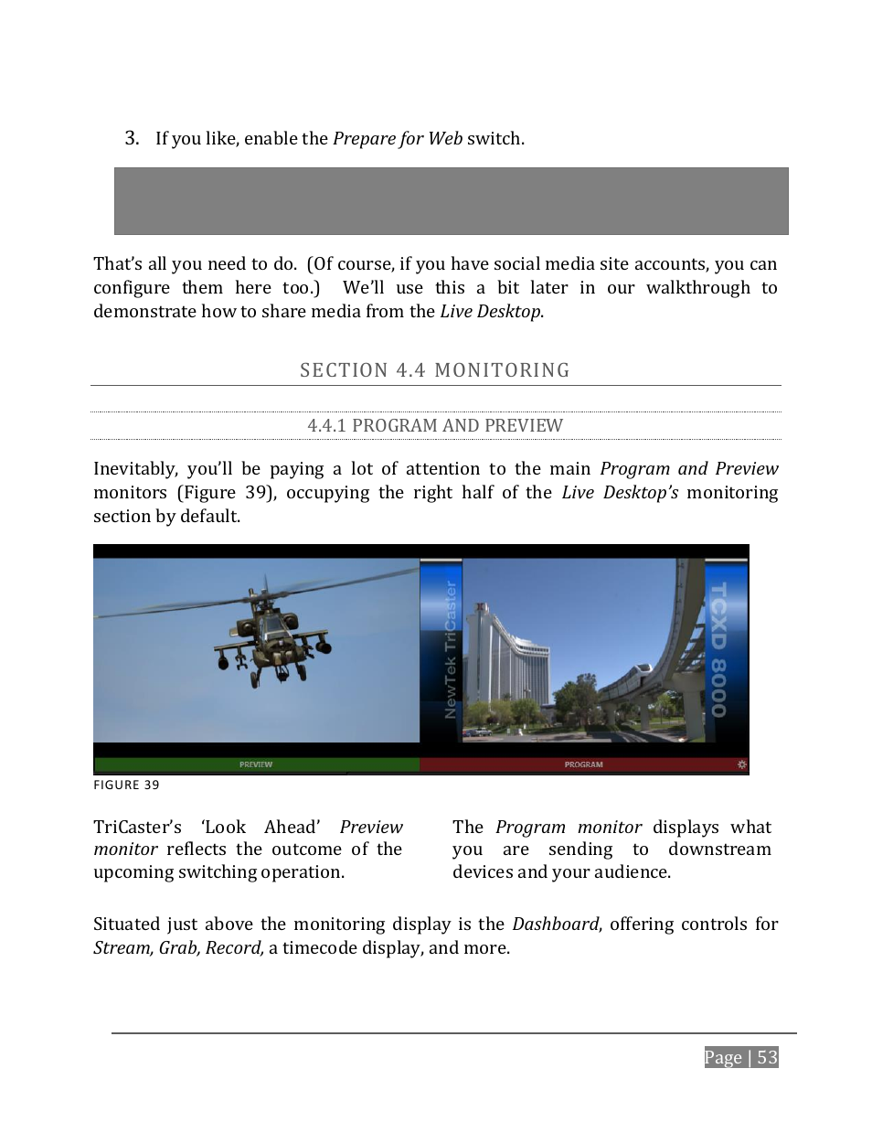 Ection, Onitoring, 1 program and preview | NewTek TriCaster 8000 User Manual | Page 69 / 529