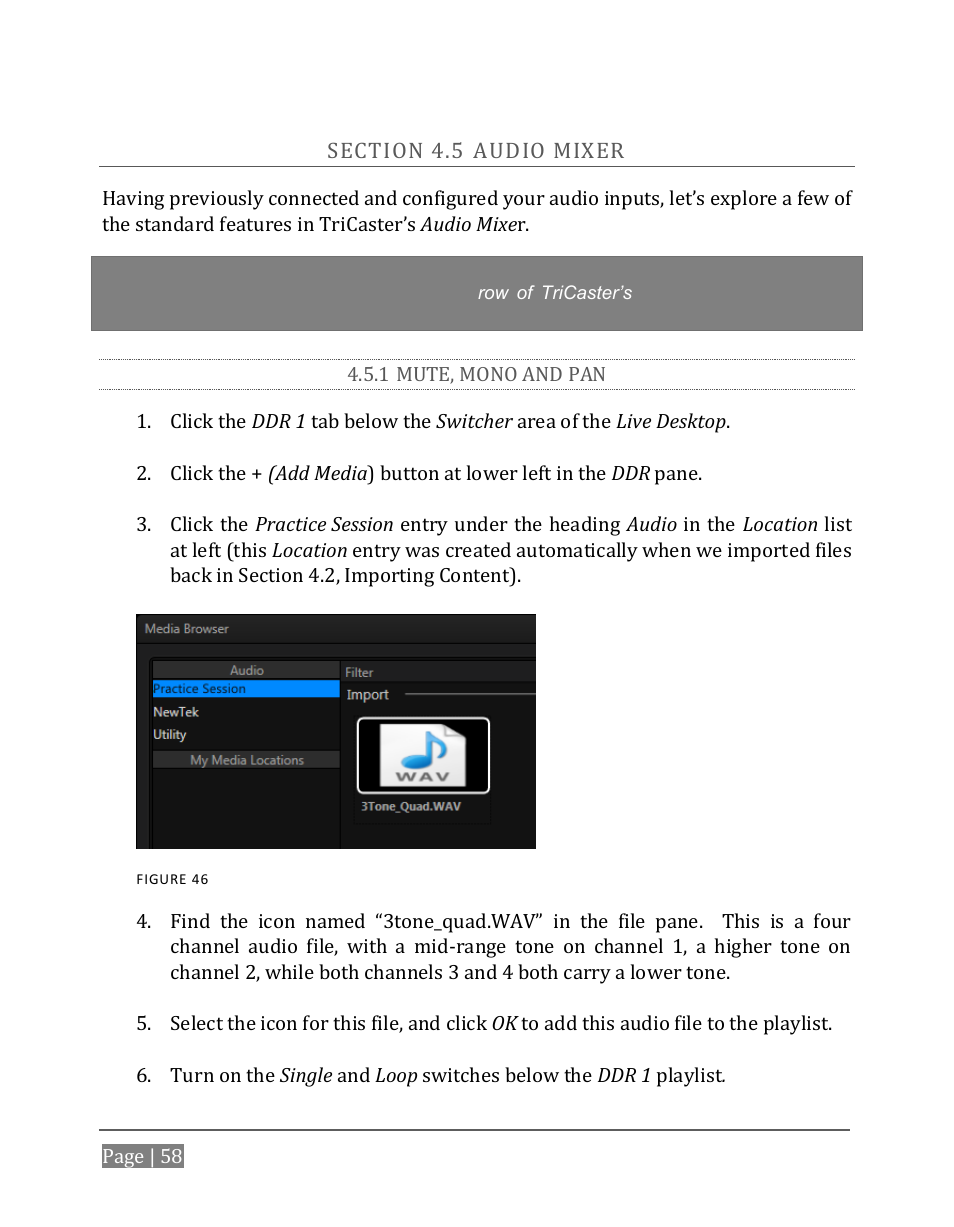 Ection, Udio, Ixer | 1 mute, mono and pan | NewTek TriCaster 8000 User Manual | Page 74 / 529