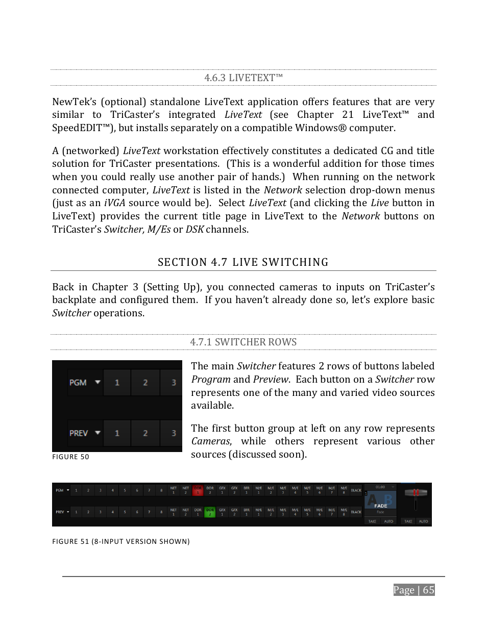 3 livetext, Ection, Witching | 1 switcher rows | NewTek TriCaster 8000 User Manual | Page 81 / 529