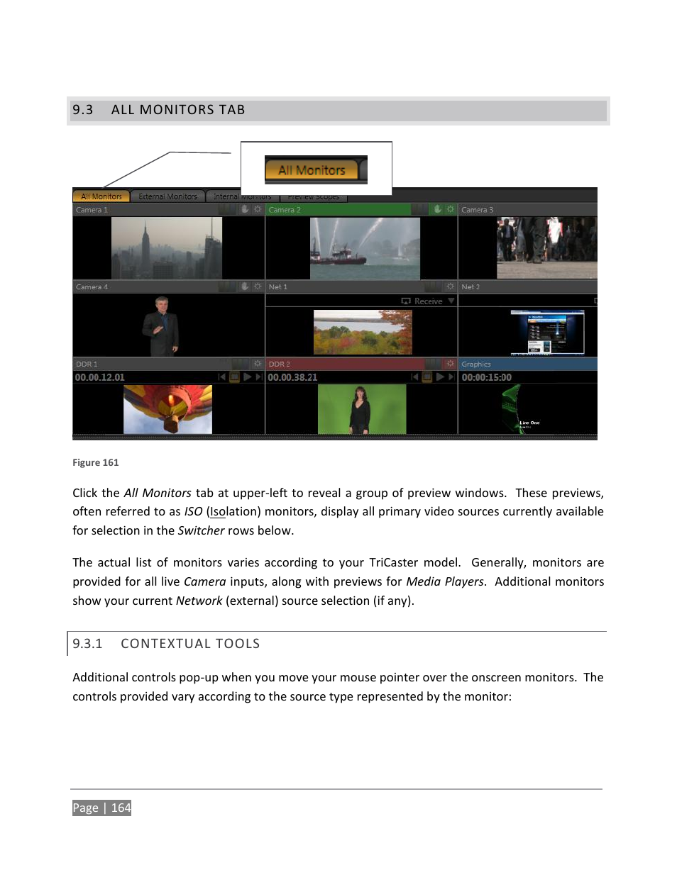 All monitors tab, Contextual tools | NewTek TriCaster 855 User Manual | Page 180 / 368