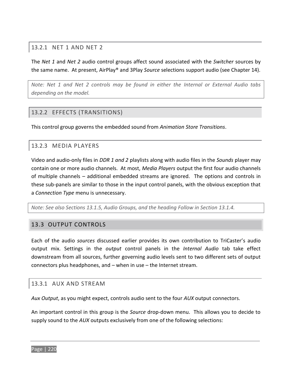 Net 1 and net 2, Effects (transitions), Media players | Output controls, Aux and stream | NewTek TriCaster 855 User Manual | Page 236 / 368