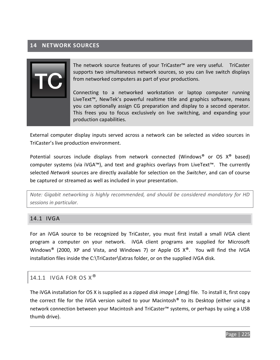 Network sources, Ivga, Ivga for os x | Ter 14) | NewTek TriCaster 855 User Manual | Page 241 / 368