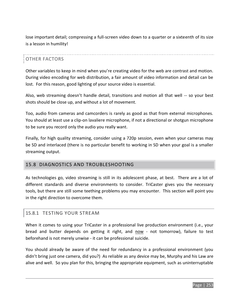 Diagnostics and troubleshooting, Testing your stream | NewTek TriCaster 855 User Manual | Page 269 / 368