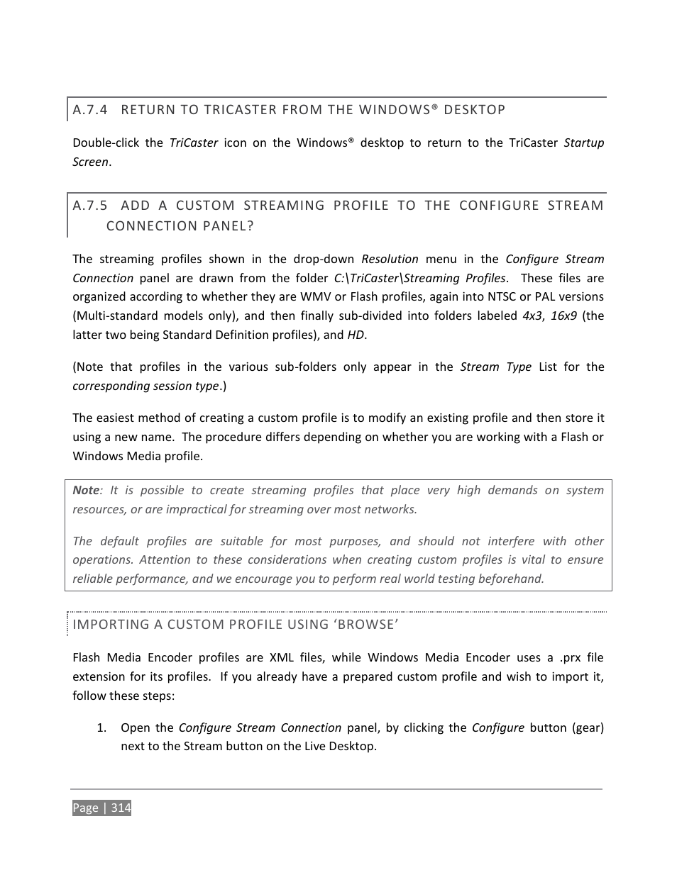 A.7.4, Return to tricaster from the windows® desktop, A.7.5 | NewTek TriCaster 855 User Manual | Page 330 / 368