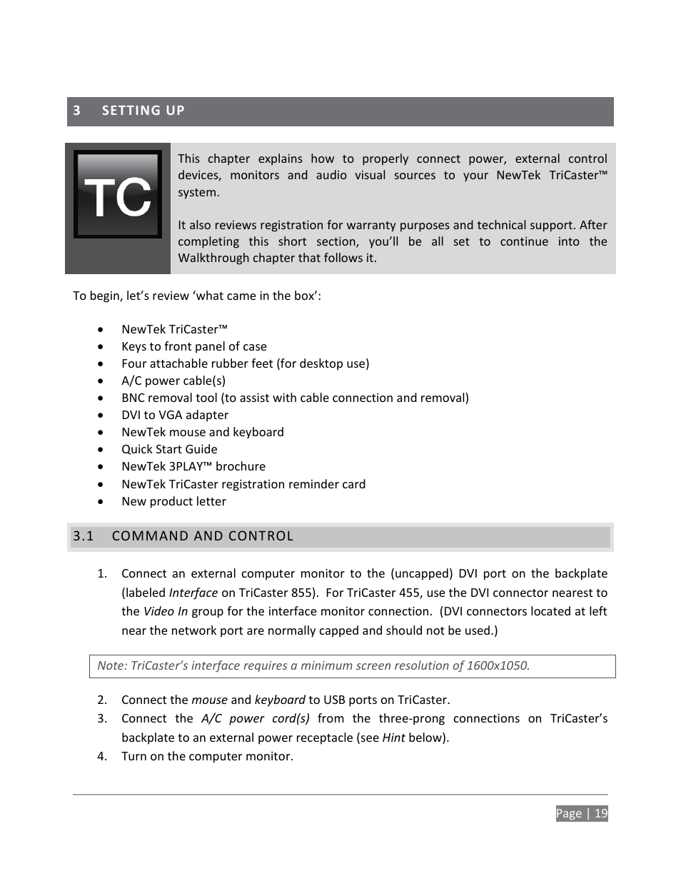 Setting up, Command and control | NewTek TriCaster 855 User Manual | Page 35 / 368