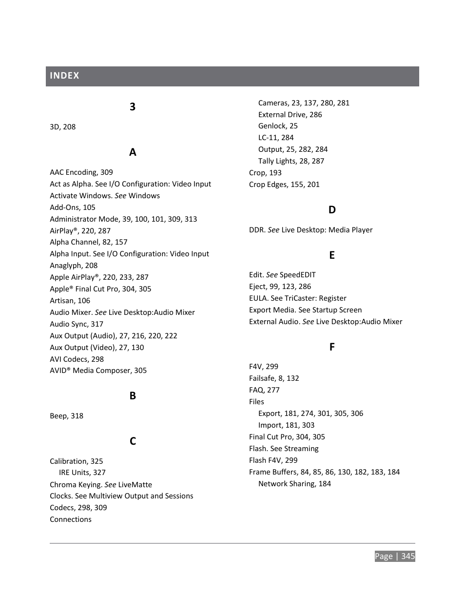 Index | NewTek TriCaster 855 User Manual | Page 361 / 368