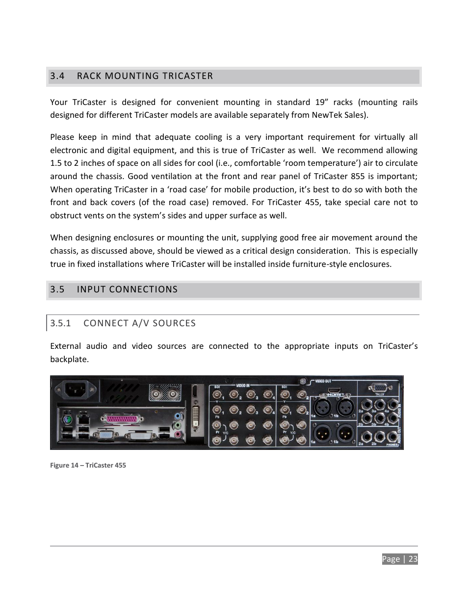 Rack mounting tricaster, Input connections, Connect a/v sources | NewTek TriCaster 855 User Manual | Page 39 / 368