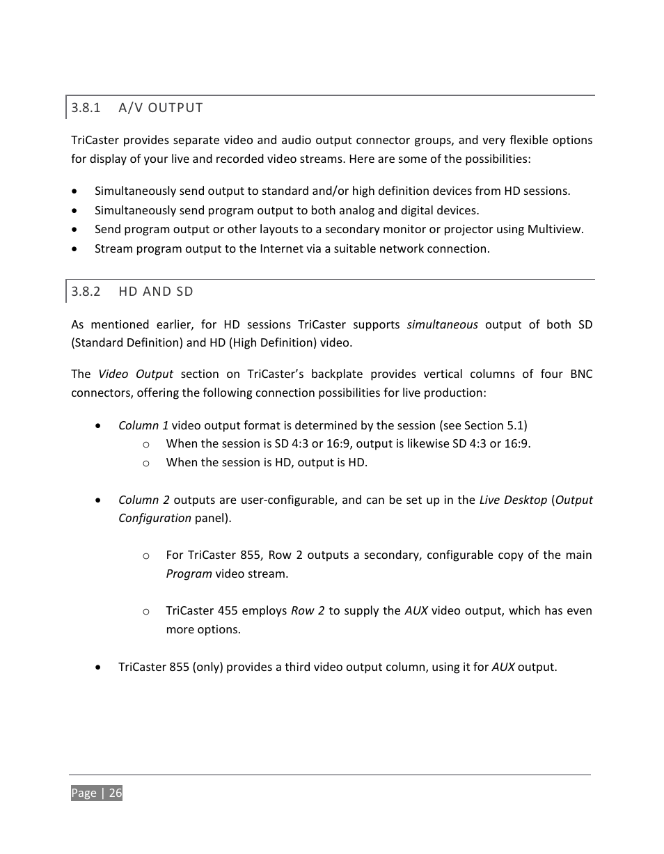 A/v output, Hd and sd | NewTek TriCaster 855 User Manual | Page 42 / 368