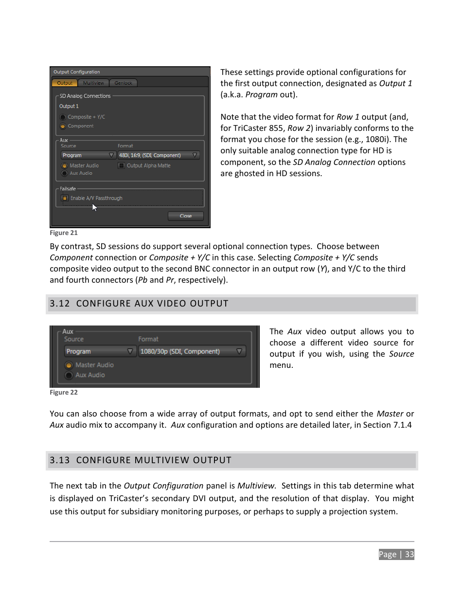 Configure aux video output, Configure multiview output | NewTek TriCaster 855 User Manual | Page 49 / 368