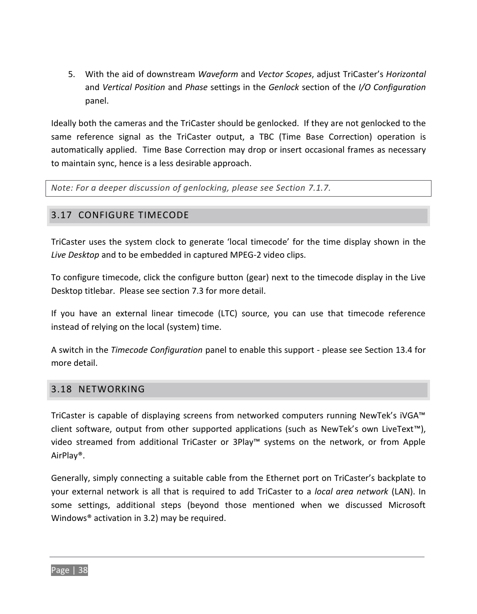 Configure timecode, Networking | NewTek TriCaster 855 User Manual | Page 54 / 368