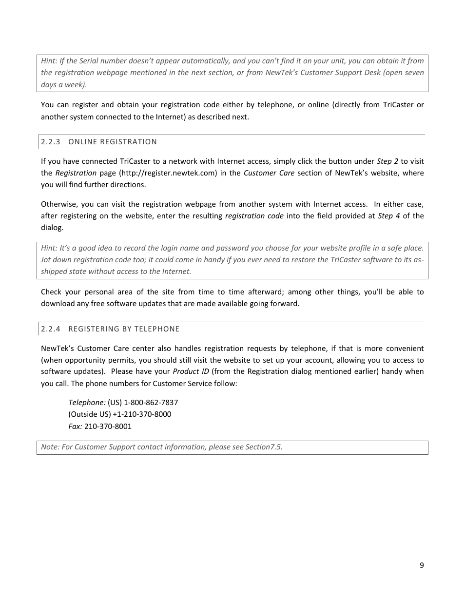 3 online registration, 4 registering by telephone, Online registration | Registering by telephone | NewTek TriCaster 40 User Manual | Page 11 / 80