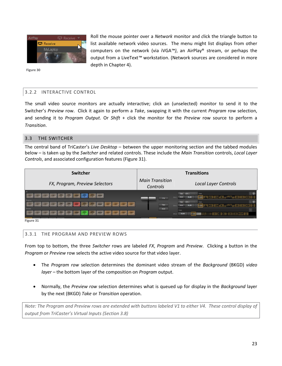 2 interactive control, 3 the switcher, 1 the program and preview rows | Interactive control, The switcher, The program and preview rows, N 3.3) | NewTek TriCaster 40 User Manual | Page 25 / 80