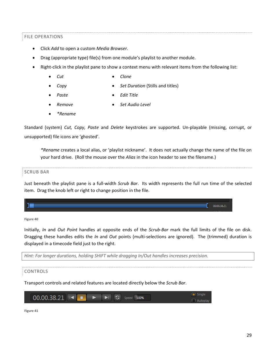 File operations, Scrub bar, Controls | NewTek TriCaster 40 User Manual | Page 31 / 80