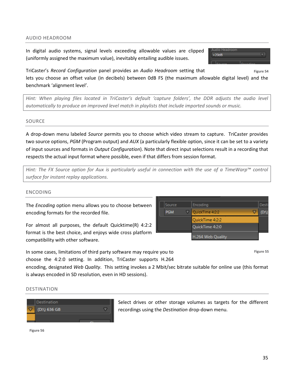 Audio headroom, Source, Encoding | Destination | NewTek TriCaster 40 User Manual | Page 37 / 80