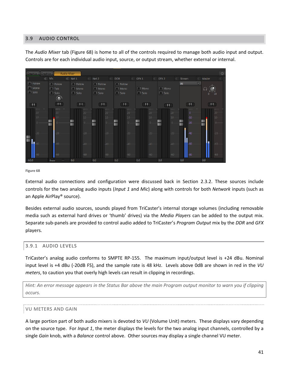 9 audio control, 1 audio levels, Vu meters and gain | Audio control, Audio levels | NewTek TriCaster 40 User Manual | Page 43 / 80