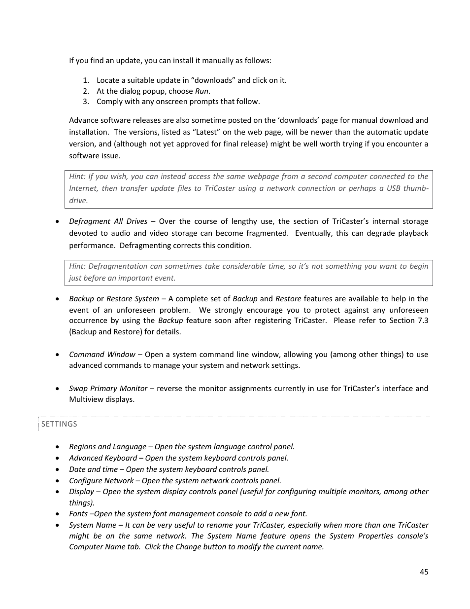 Settings | NewTek TriCaster 40 User Manual | Page 47 / 80