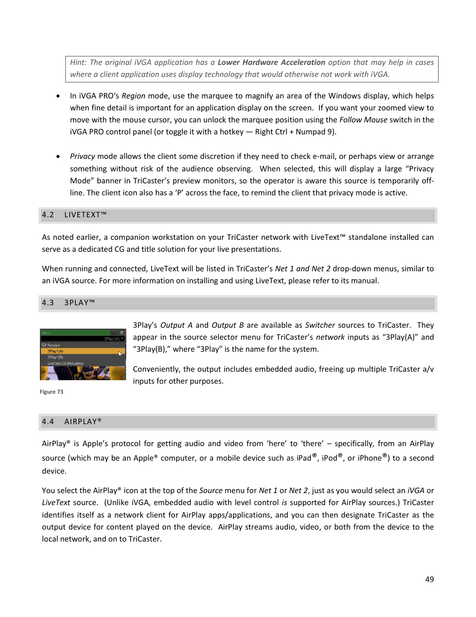 2 livetext, 3 3play, 4 airplay | Livetext, 3play, Airplay | NewTek TriCaster 40 User Manual | Page 51 / 80