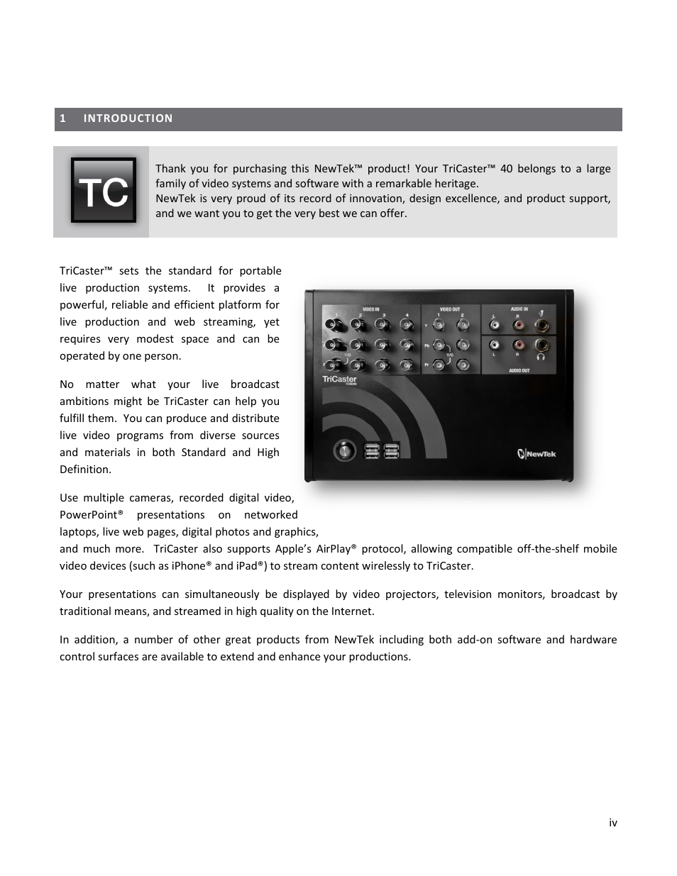 1 introduction, Introduction | NewTek TriCaster 40 User Manual | Page 6 / 80