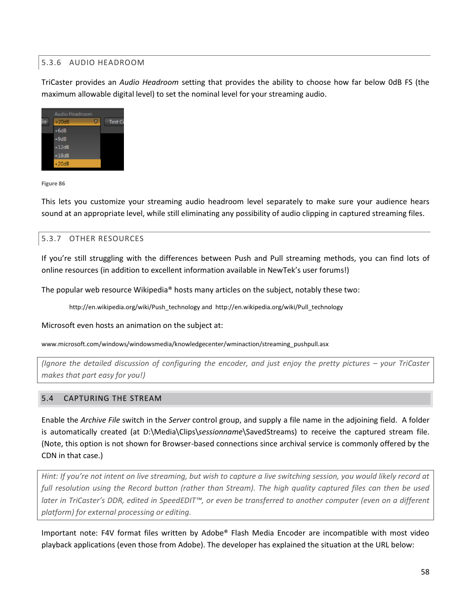 6 audio headroom, 7 other resources, 4 capturing the stream | Audio headroom, Other resources, Capturing the stream | NewTek TriCaster 40 User Manual | Page 60 / 80