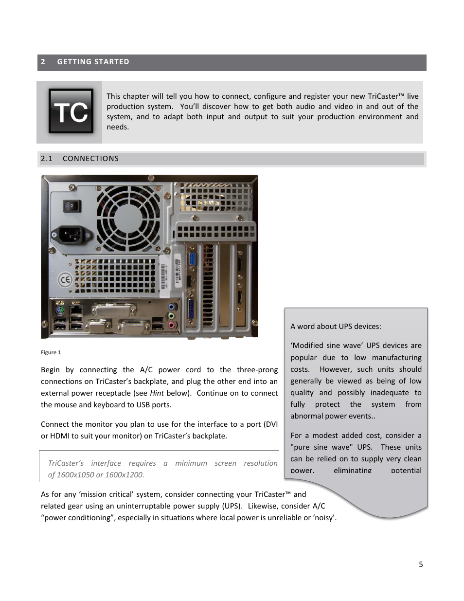 2 getting started, 1 connections, Getting started | Connections | NewTek TriCaster 40 User Manual | Page 7 / 80