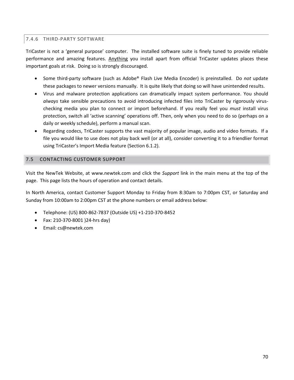 6 third-party software, 5 contacting customer support, Third-party software | Contacting customer support | NewTek TriCaster 40 User Manual | Page 72 / 80