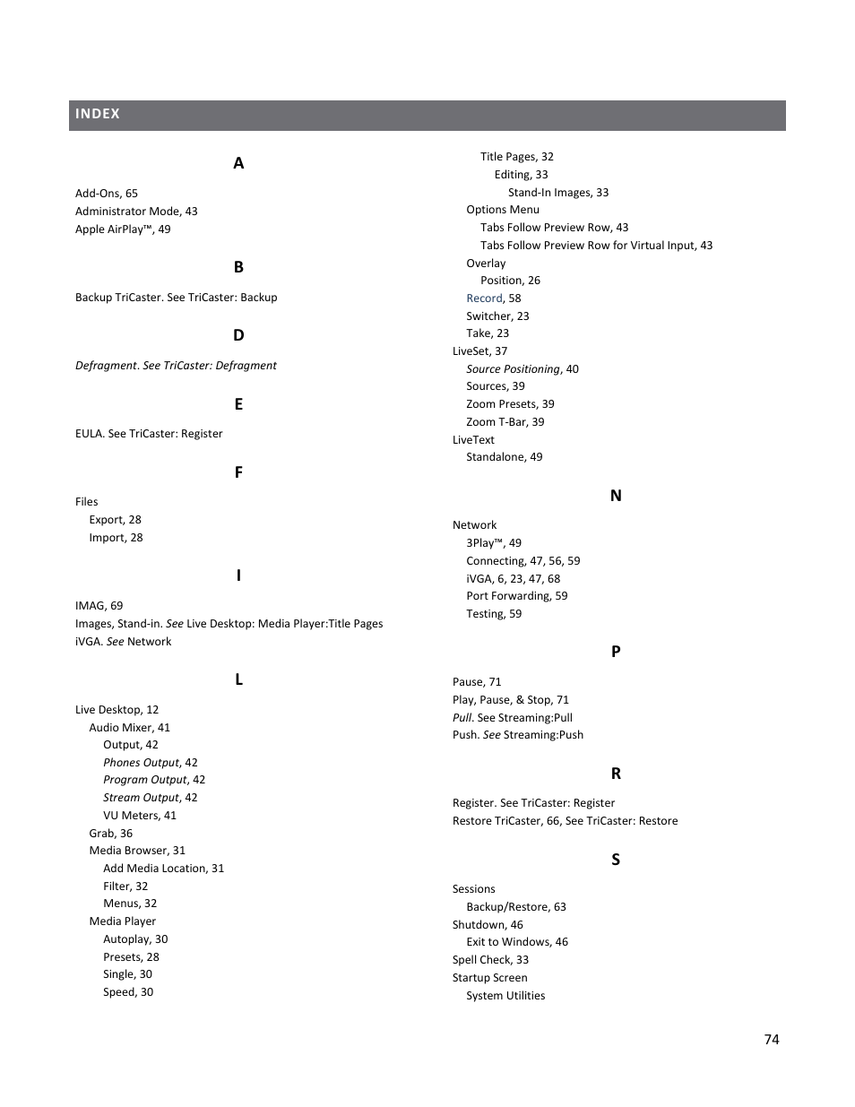 Index | NewTek TriCaster 40 User Manual | Page 76 / 80