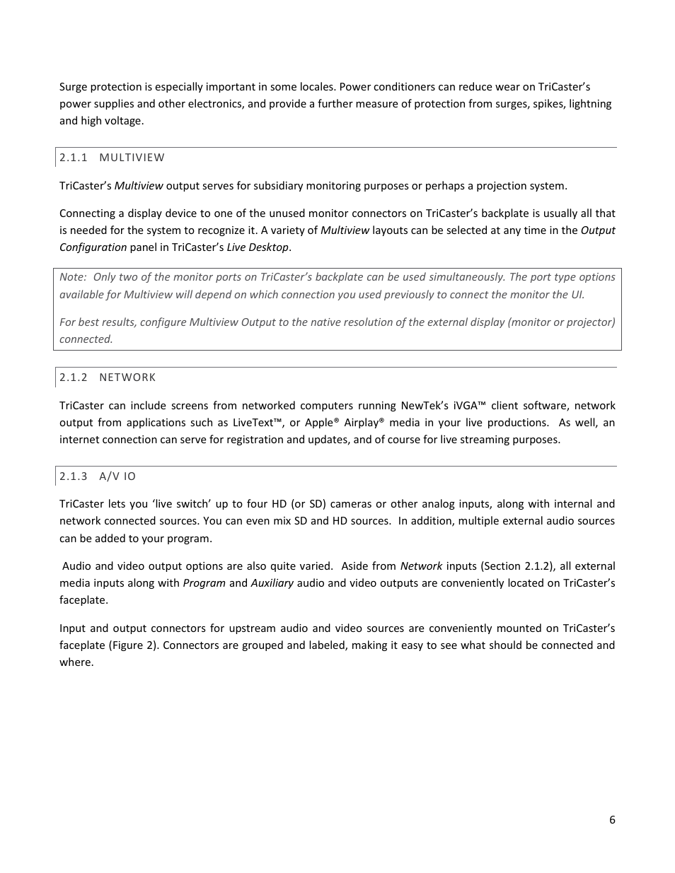 1 multiview, 2 network, 3 a/v io | Multiview, Network, A/v io | NewTek TriCaster 40 User Manual | Page 8 / 80